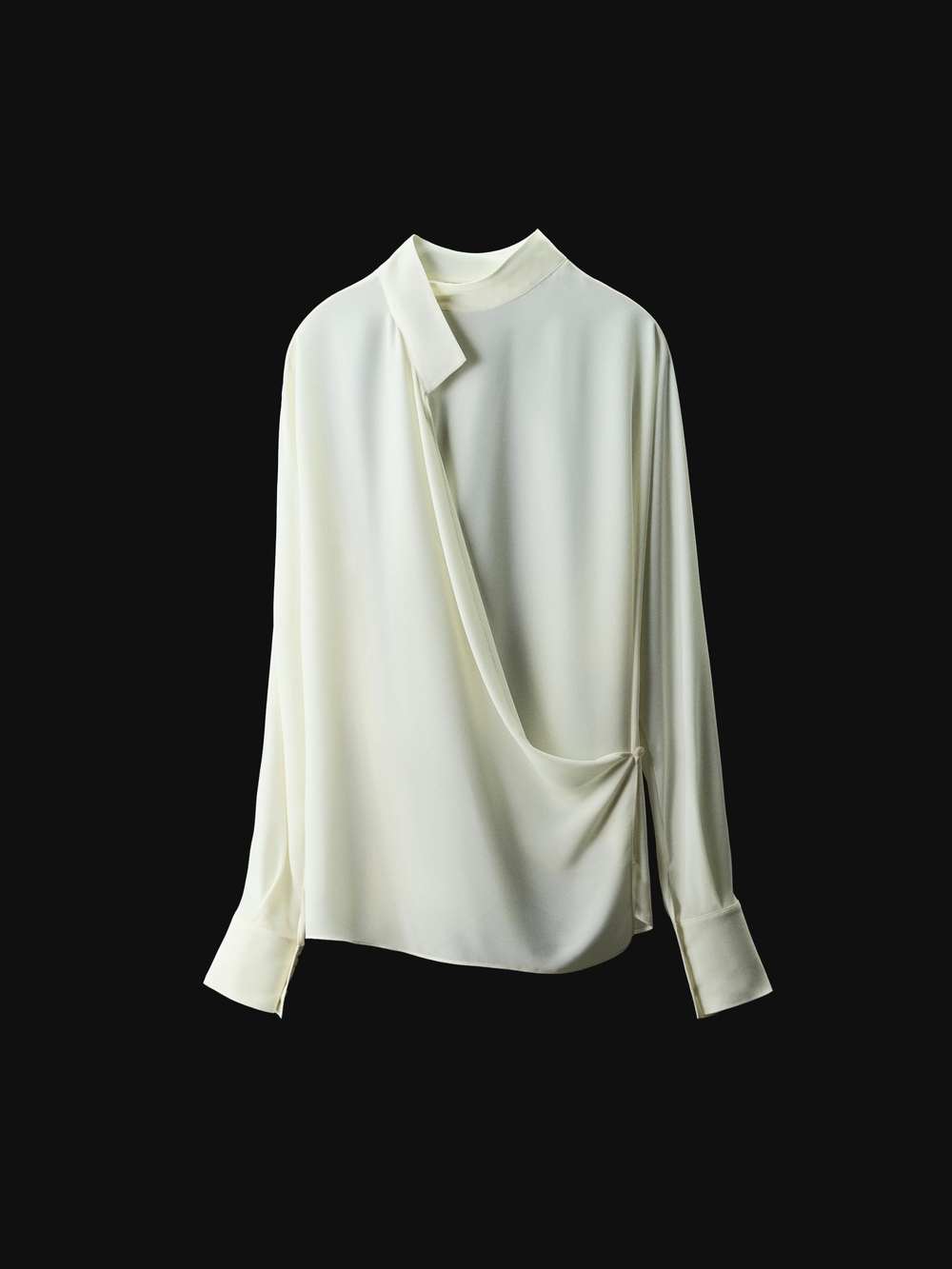 Zara Elegant Ivory Draped Long-Sleeve Top
